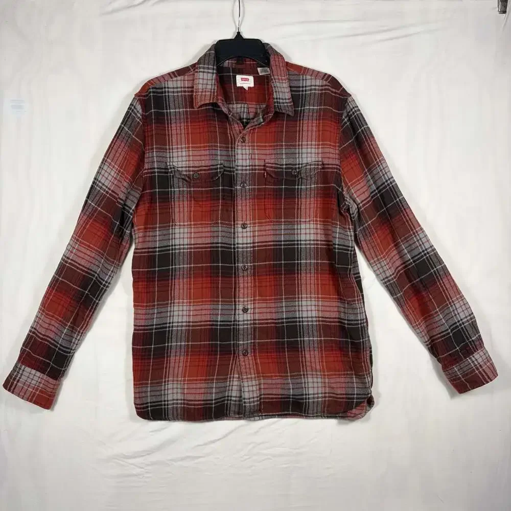 Levi's Mens Red Grey Plaid Long Sleeve Flannel Button Up Shirt Size L